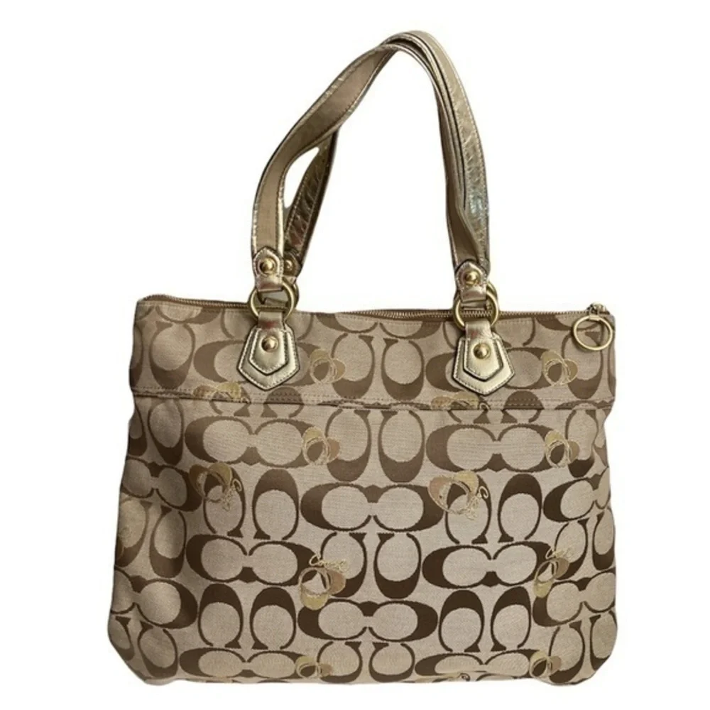 Coach vintage y2k signature poppy brown signature c tote bag gold hearts RARE